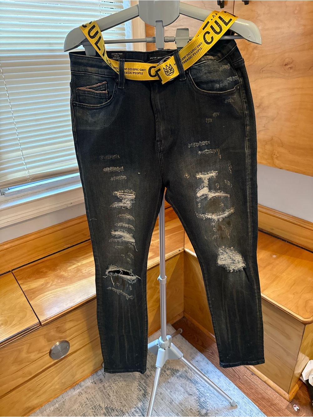 Cult of Individuality Black Distressed Skinny Jeans with Yellow Logo Belt